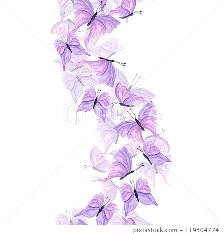 Fluttering delicate pink, purple butterflies vertical curving undulating watercolor seamless banner. Abstract flying tropical insect hand drawn illustration for wedding decor Fluttering delicate pink, purple butterflies vertical curving undulating watercolor seamless banner. Abstract flying tropical insect hand drawn illustration for wedding decor 119304774