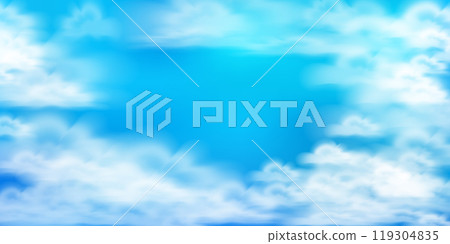 White clouds on blue background. Sky concept. Peaceful horizontal banner. Stock vector illustration in realistic style. 119304835