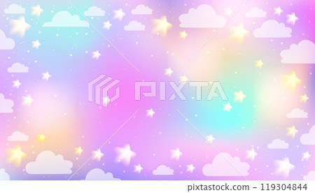 Dreamy unicorn sky background. Magic rainbow landscape with clouds and stars for fantasy princess design. Dream core concept. Stock vector illustration in surreal realistic style. 119304844