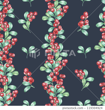 Dark background with vibrant red berries and soft green leaves creates a stunning seamless watercolor pattern. Cranberry with leaves clipart for seasonal products, greeting cards, or textile designs 119304924