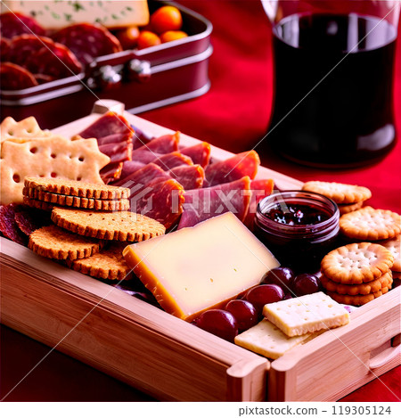 Picnic charcuterie box with cured meats cheeses crackers and jam in compartments isolated Summer freshness Picnic charcuterie box with cured meats cheeses crackers and jam in compartments isolated Summer freshness 119305124