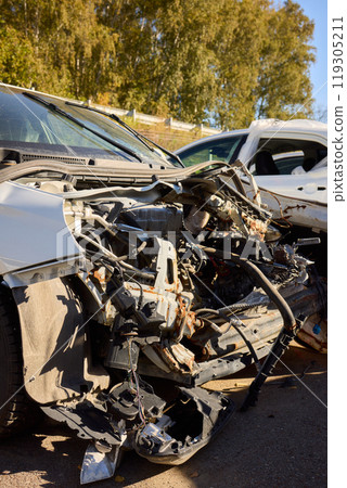 Severe Car Crash Damage Completely Wrecked Vehicles After a Major Collision Incident Severe Car Crash Damage Completely Wrecked Vehicles After a Major Collision Incident 119305211