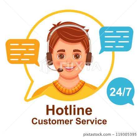Hotline customer support service operator, online call center phone assistant, client helpline dispatcher contact icon. Man consultant with headset. Help chat. Telephone technical consultation vector Hotline customer support service operator, online call center phone assistant, client helpline dispatcher contact icon. Man consultant with headset. Help chat. Telephone technical consultation vector 119305395