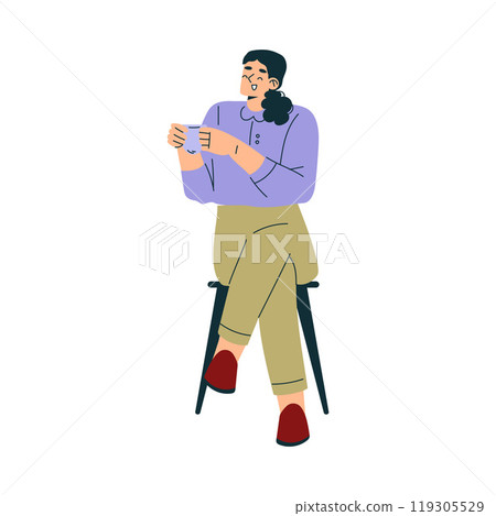 Woman Character in Cafe Sitting on Chair with Cup and Talking Vector Illustration Woman Character in Cafe Sitting on Chair with Cup and Talking Vector Illustration 119305529