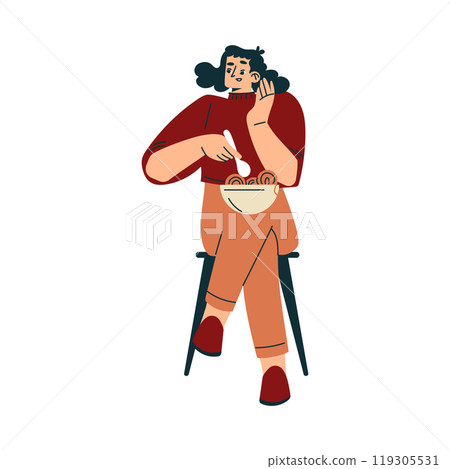 Woman Character in Cafe Sitting on Chair with Noodle Bowl Eat Food Vector Illustration 119305531