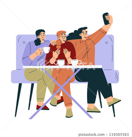 Woman in the Cafe Sitting at Table Enjoy Drink and Take Selfie Vector Illustration Woman in the Cafe Sitting at Table Enjoy Drink and Take Selfie Vector Illustration 119305563