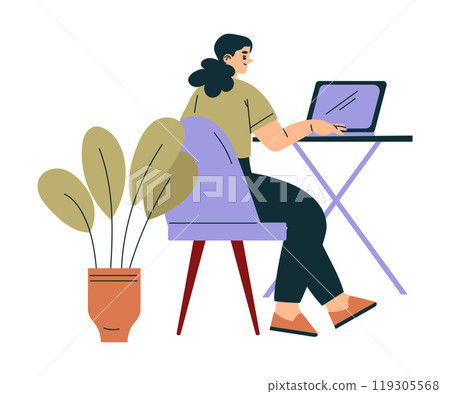 Woman Character in Cafe Sitting on Chair at Laptop Vector Illustration 119305568