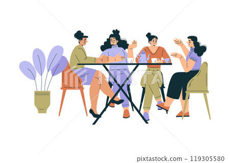 Woman in the Cafe Sitting at Table Enjoy Drink and Communicate Vector Illustration Woman in the Cafe Sitting at Table Enjoy Drink and Communicate Vector Illustration 119305580