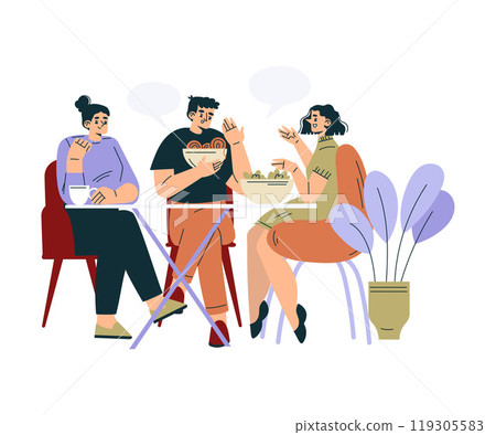 Man and Woman in the Cafe Sitting at Table Enjoy Drink and Eating Food Vector Illustration 119305583