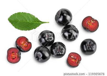 Chokeberry with leaf isolated on white background. Black aronia. Top view. Flat lay Chokeberry with leaf isolated on white background. Black aronia. Top view. Flat lay 119305678