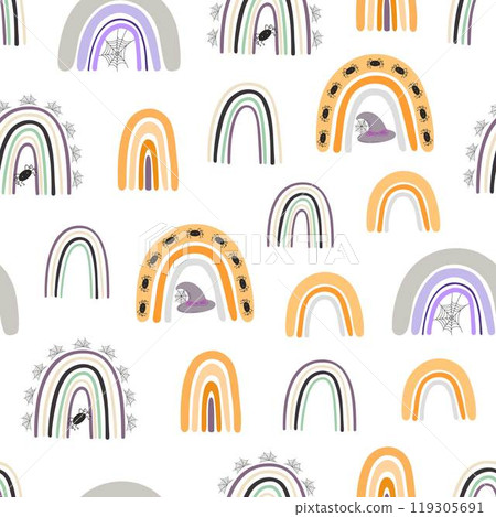 Halloween rainbow seamless pattern, simple hand drawn repeat illustration in trendy pastel colors, minimalist concept perfect for textile, celebration decor, cards, gift paper, papercraft 119305691