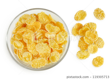 Cornflakes in glass bowl isolated on white background. Top view. Flat lay 119305713