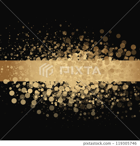 Stars golden glitter confetti isolated on blurred abstract background. Festive polka dots holiday background. Celebration concept. Falling magic gold particles. Invitation mock up. Top view, flat lay 119305746