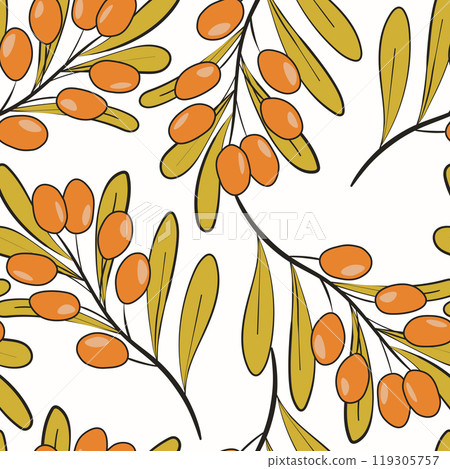 Seamless pattern with sea buckthorn. Natural fresh ripe tasty berries. Vector illustration for background, packaging, textile, fabric and various other designs 119305757
