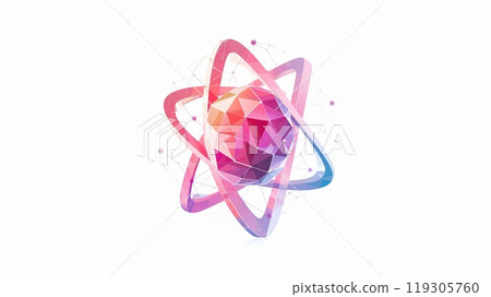 Isolated polygonal science atom symbol on white background. Abstract nuclear molecule icon. Science chemistry concept. Technology low poly style. illustration from geometric shapes 119305760
