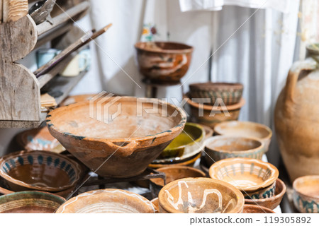 Vintage clay dishes are in a tourist shop in Kas, Turkey Vintage clay dishes are in a tourist shop in Kas, Turkey 119305892