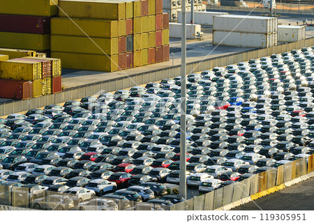 Industrial area of the port filled with many new cars and stacked cargo containers Industrial area of the port filled with many new cars and stacked cargo containers 119305951