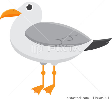 Cute cartoon seagull with grey and white feathers, vibrant orange beak and legs, standing in profile. Perfect for wildlife, nature, or coastal designs. Isolated on white background 119305991