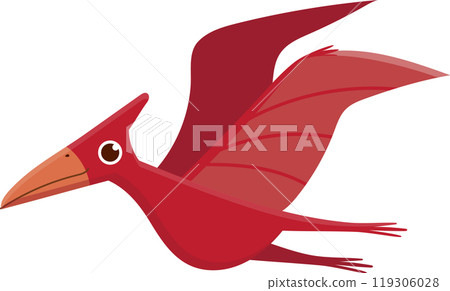 Red pterodactyl dinosaur happily flies with open wings in a colorful cartoon, bringing prehistoric charm against a white background 119306028