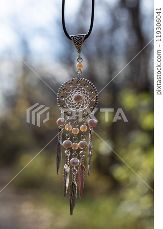 Handmade dream catcher with feathers threads and beads rope hanging 119306041
