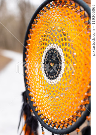 Handmade dream catcher with feathers threads and beads rope hanging Handmade dream catcher with feathers threads and beads rope hanging 119306063