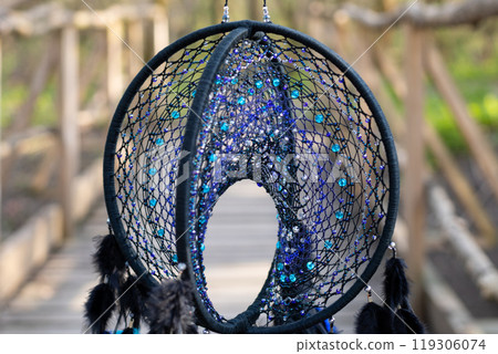 Handmade dream catcher with feathers threads and beads rope hanging 119306074