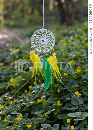 Handmade dream catcher with feathers threads and beads rope hanging 119306089