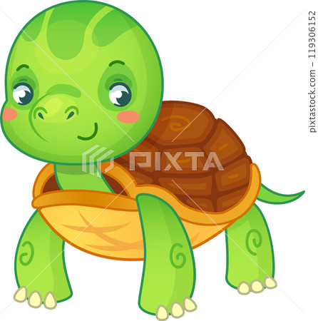 Cute green turtle smiling at you, perfect for any design project. Vibrant and playful, this adorable character brings a cheerful vibe 119306152