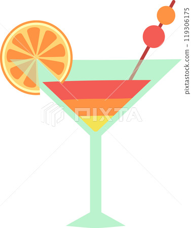 Refreshing and colorful layered cocktail in a martini glass, garnished with an orange slice and a cocktail pick, is a perfect way to celebrate 119306175
