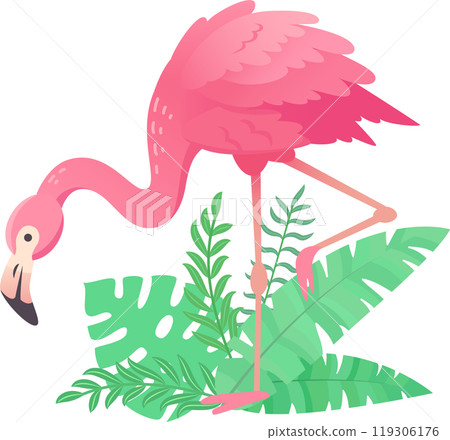 Cartoon pink flamingo standing on one leg with tropical leaves in the background, perfect for designs with a summer or tropical theme 119306176