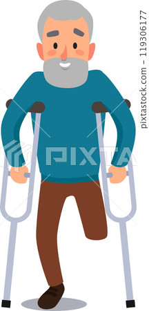 Elderly man with a prosthetic leg smiles while using crutches, showing determination and courage. This hopeful image portrays strength and independence in facing challenges 119306177