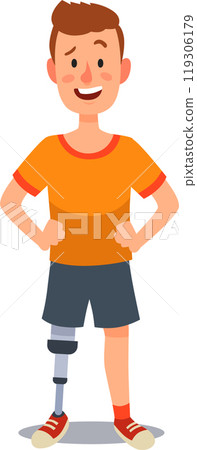 Young athletic man with a prosthetic leg is smiling confidently, showcasing the power of resilience and the beauty of diversity 119306179