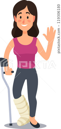 Young woman is standing and smiling with her broken leg in a cast while using crutches and waving her hand, showing her positive attitude towards recovery and rehabilitation after her injury Young woman is standing and smiling with her broken leg in a cast while using crutches and waving her hand, showing her positive attitude towards recovery and rehabilitation after her injury 119306180