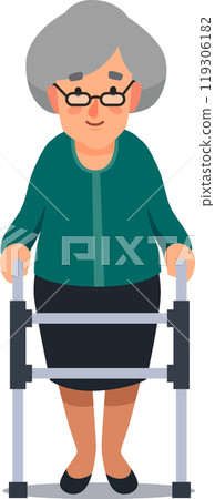 Illustration of an elderly woman with grey hair and glasses using a walker to help her stand and walk. She is smiling and appears to be in good spirits 119306182