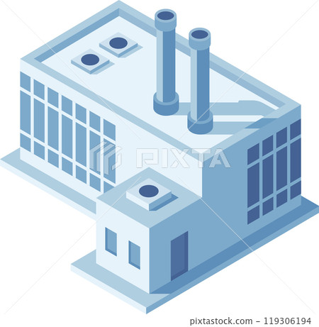 Isometric industrial building representing manufacturing plant with pipes on the roof. Perfect for showing heavy industry concepts Isometric industrial building representing manufacturing plant with pipes on the roof. Perfect for showing heavy industry concepts 119306194