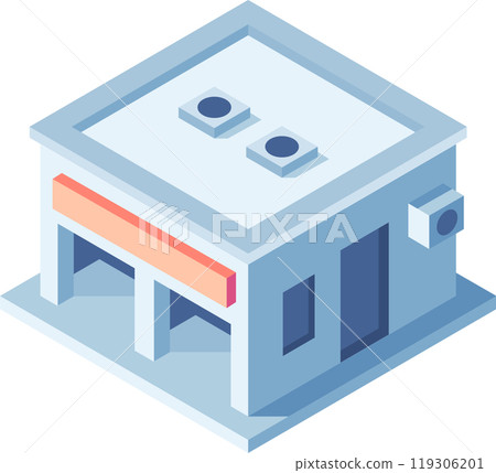Isometric vector illustration of a modern commercial building with a garage door, large blank sign, and air conditioning units 119306201
