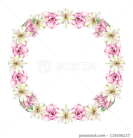 Floral Wreath of white and pink flowers. Watercolor frame of Eustoma and alstroemeria. Composition with Lilies. Floral botanical illustration for graphic design, decorate, product design and postcard Floral Wreath of white and pink flowers. Watercolor frame of Eustoma and alstroemeria. Composition with Lilies. Floral botanical illustration for graphic design, decorate, product design and postcard 119306227