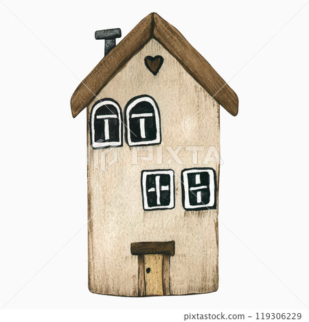 Small cute cartoon grey house isolated on white background. Watercolor stylized children's illustration drawn by hand. Cozy small wooden beige cottage in Scandinavian style. Fishing village. Vector 119306229