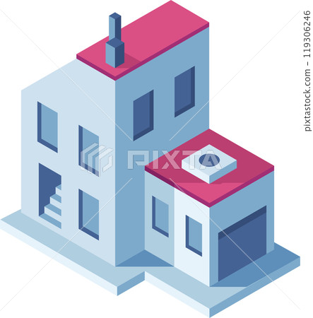 Minimalistic isometric building featuring a garage and a chimney, perfect for architectural visualizations, real estate projects, and urban planning concepts 119306246