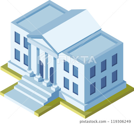 Isometric illustration featuring a large government building with columns, emphasizing the grandeur and formality of civic architecture 119306249