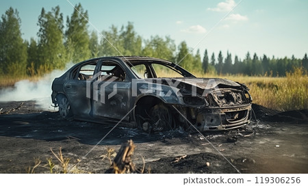 Car after the fire. Burnt passenger car Closeup. Burnt car frame with ash and garbage after a fire. Rusty steel and metal structures. Traffic accident and vandalism concept. Car after the fire. Burnt passenger car Closeup. Burnt car frame with ash and garbage after a fire. Rusty steel and metal structures. Traffic accident and vandalism concept. 119306256