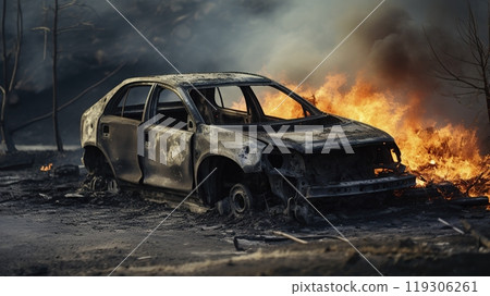 Car after the fire. Burnt passenger car Closeup. Burnt car frame with ash and garbage after a fire. Rusty steel and metal structures. Traffic accident and vandalism concept. 119306261