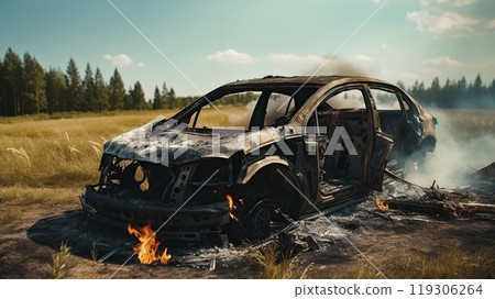Car after the fire. Burnt passenger car Closeup. Burnt car frame with ash and garbage after a fire. Rusty steel and metal structures. Traffic accident and vandalism concept. Car after the fire. Burnt passenger car Closeup. Burnt car frame with ash and garbage after a fire. Rusty steel and metal structures. Traffic accident and vandalism concept. 119306264