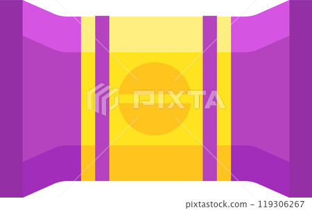 Vibrant purple and yellow flow pack packaging with a round product inside against a white background, customizable for any brand. Ideal for showcasing food items 119306267