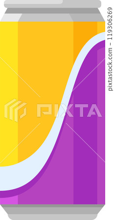 Aluminum can standing with a yellow and purple label, creating a colorful and modern design, suitable for various beverage and product presentations 119306269