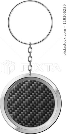 Metallic keychain with carbon fiber texture for logos or designs, adds branding to products, stands out with silver, black, and gray colors on white background 119306289