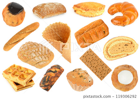 Various sweet bread products made from rye wheat isolated on white Various sweet bread products made from rye wheat isolated on white 119306292