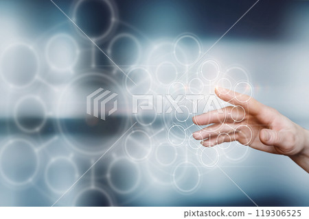 A hand interacts with a digital interface. A hand interacts with a digital interface. 119306525
