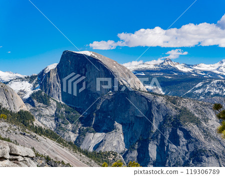 Sunny view of the beautiful half dome at Yosemite National Park Sunny view of the beautiful half dome at Yosemite National Park 119306789