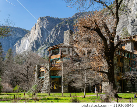Exterior view of the famous The Ahwahnee hotel at Yosemite National Park Exterior view of the famous The Ahwahnee hotel at Yosemite National Park 119306846
